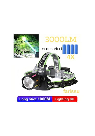 30w Ultra Güçlü Led Kafa Lambası 4 Adet Pilli - Yedek Bataryalı Set - 3000 Lümen 1000m Menzil Siyah