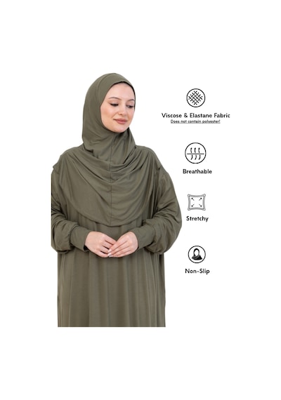 Modish Group Tek Parça Namaz Elbisesi Seti, Viskon Yumuşak Tesettür Abaya, Rahat Hazır Şal Başörtüsü Takım Haki