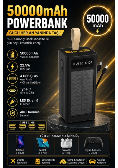 50.000 Mah Güneş Panelli Powerbank 22.5w Hızlı Şarj Dahili Kablolu Dijital Göstergeli Usb & Type-c Taşınabilir Harici Batarya Siyah