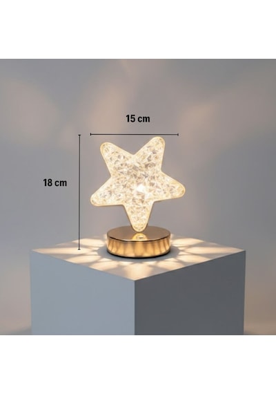 Yıldız Model Kristal Led Masa Lambası Dokunmatik, 3 Renk Işık Modlu, Şarjlı Mini Dekoratif Gece Lambası Beyaz