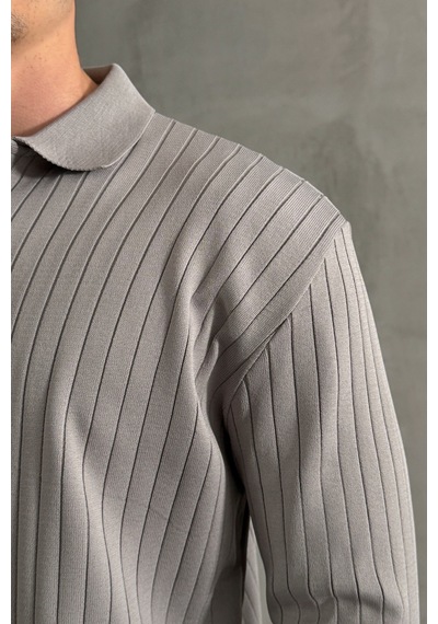 Erkek Polo Yaka Fitilli Oversize Triko Kazak Gri