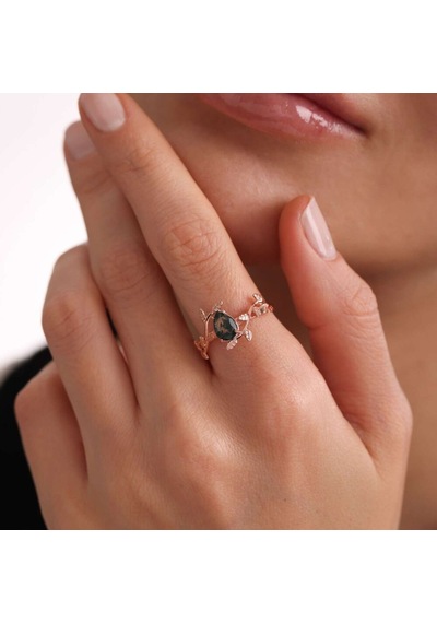 Moss Agate Altın Yüzük Rose T12783 Çok Renkli