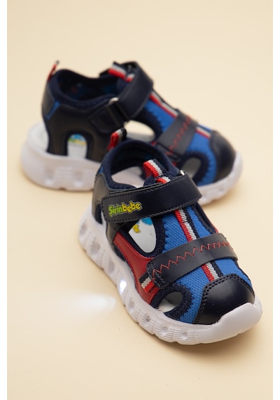 Şirin Bebe Şirinbebe Ortopedik Erkek Bebek Sandalet Lacivert Işıklı Taban Cırtlı Önü Kapalı-4757