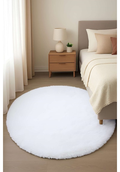 Vl Oval Comfort Overloksuz Beyaz Peluş Halı Beyaz Daire Overloksuz