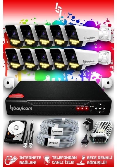 Bayicam 10 Kameralı Süper 10 Dış Kamera Set 100 GB 5 MP 2K Renkli Gece Görüşlü Güvenlik Kamerası Sistemi