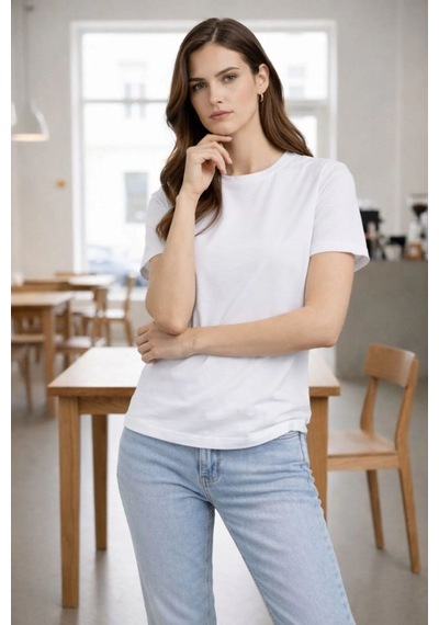 Kadın Bisiklet Yaka Yazlık Kısa Kol Düz Tişört Regular Kalıp T-shirt - Beyaz