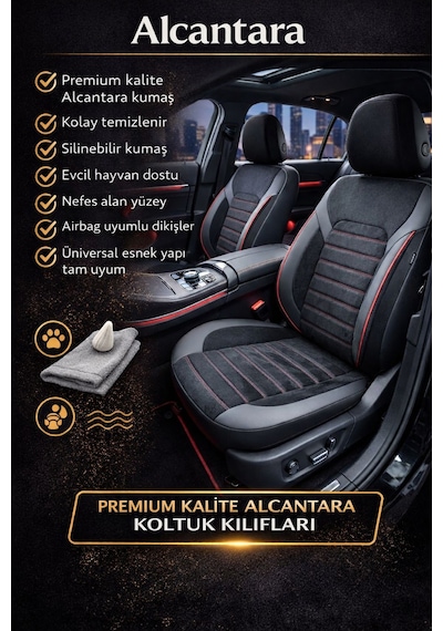 Alcantara Serisi Lüks Üniversal Oto Koltuk Kılıfı - 5 Kotuk Tam Set Kırmızı