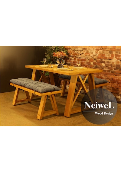 Neiwel Garden Mare Doğal Ahşap Banklı Bahçe Masa Takımı-120-280 Takım Açık Ceviz