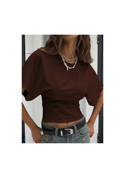 Cool Tarz Kadın Yarasa Kol Belden Oturtmalı Pamuklu T-shirt Acı Kahve Acı Kahve