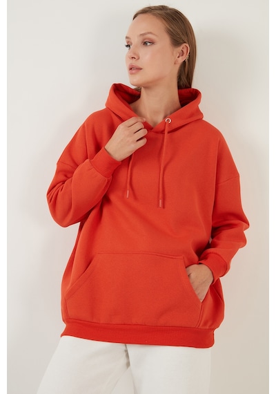 Lela Regular Fit Pamuklu Kapüşonlu Yaka Şardonlu Kışlık Bayan Sweat 5863854 Oranj