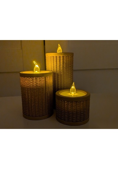 Bezos Rattan Görünümlü Tealight Mumluk Seti 3'lü Dekoratif Mum Tutucu Pro Çok Renkli