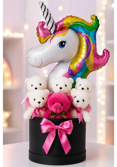 Unicorn Balonlu 6 Peluş Ayıcıklı Premium Hediye Kutusu Kız Çocukları İçin Eğlenceli Doğum Günü Hediyesi