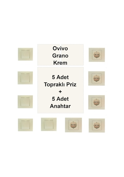 Ovivo Grano Krem 5 Adet Topraklı Priz + 5 Adet Anahtar