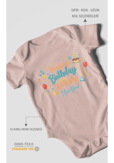 Morivokids Happy Birthday Dad I Love You Kısa Kollu Bebek Body Pastel Pembe