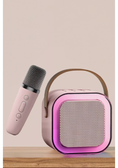 Thentech Karaoke Mikrofonlu Rgb Işıklı Küçük Portatif Rahat Taşınabilir Şarjlı Bluetooth Hoparlör Kablosuz Bej