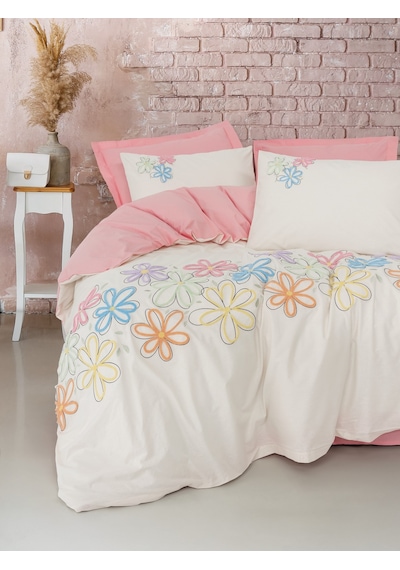 Cotton Box Puff Nakışlı Çift Kişilik Nevresim Takımı Bellis Pembe Pembe