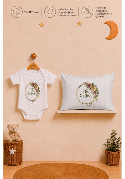 Pia Baby İsimli Kız Bebek Hediye Seti %100 Pamuk Organik Baskılı Body Yastık Kılıfı Ve Ham Bez Bebek Kıyafet Kesesi 1094byk2x Ekru