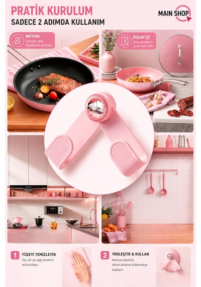Mainshop Vantuzlu Döner Kapak Tutucu 4 Adet - Delme Gerektirmeyen Mutfak Rafı M-56 Pembe