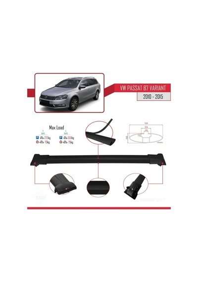 Volkswagen Passat B7 Varıant 2010-2015 Arası İle Uyumlu Fly Model Ara Atkı Tavan Barı Siyah 3 Adet Bar