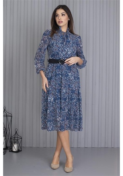 Neşeli Butik Kadın Indigo Kemerli Omuzları Gipeli Desenli Şifon Elbise Apcx04 Indigo