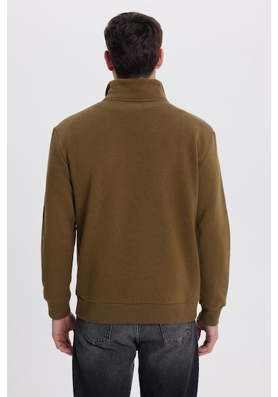Tudors Unisex Relax Fit Rahat Kesim Pamuklu İçi Polarlı Yarım Fermuarlı Yeşil Dik Yaka Sweatshirt-35164 Yeşil