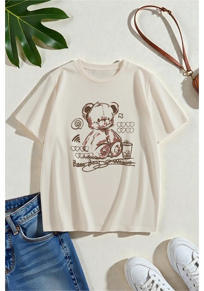 Uyguntarz Unisex Bear Bear Baskılı Tasarım Tshirt Bej