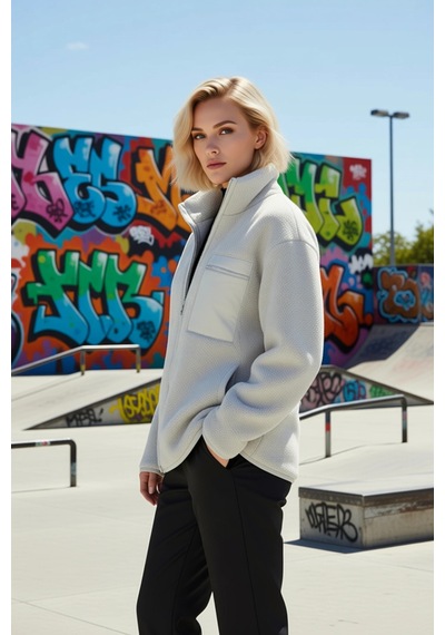 Benerly Kadın Dik Yaka Düşük Kol Tam Fermuarlı Peluş Sweatshirt Fonksiyon Gri
