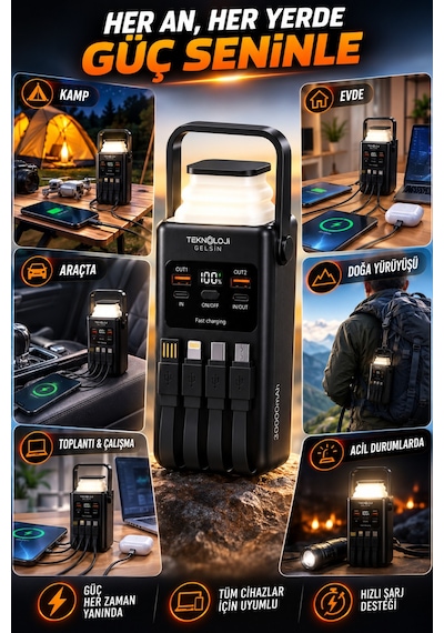 30.000 Mah Powerbank 22.5w Hızlı Şarj Lcd Ekran 4 Çıkış 4 Kablo Kamp Işıklı Taşınabilir Batarya Siyah