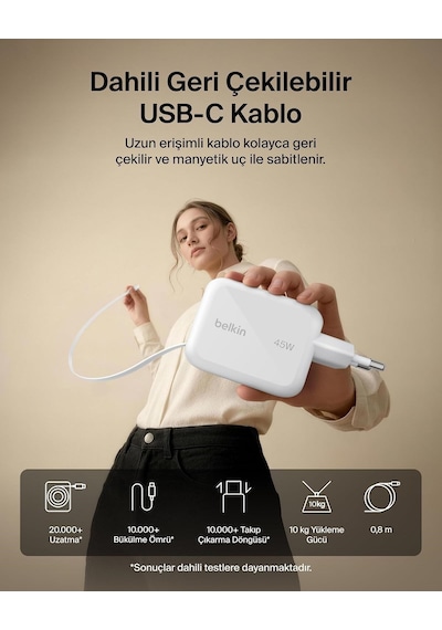 Belkin Ultracharge 45 W Gan Şarj Aleti, 0,8 M Geri Çekilebilir Usb-c Kablo İle, Beyaz