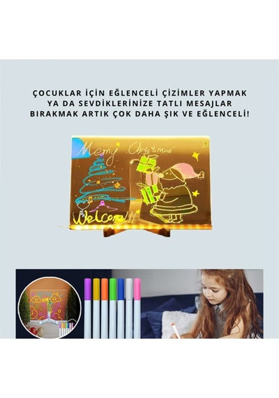 Led Işıklı Akrilik Yazı Tahtası Neon Kalemli 7 Renk Silinebilir Pano