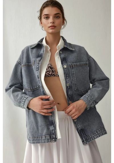 Hiccup Bdart Oversize Denim Ceket, Gömlek Yaka Ve Cep Detaylı Buz Mavisi