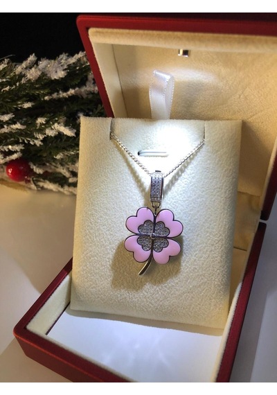 Yonca Kolye Pembe Mineli 925 Ayar Gümüş Sevgiliye Eşe Anneye Arkadaşa İyi Şans Kolyesi