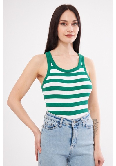 Mea Capio Kadın Çizgili Fitilli T-shirt Halter Yaka Örme Atlet Yeşil - Yeşil