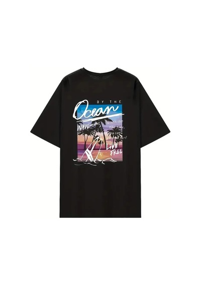 Kadın Kısa Kol Yazlık Tişört Bisiklet Yaka Okyanus Baskılı T-shirt - Siyah