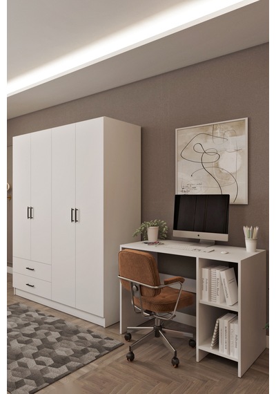 Ases Mobilya Ases Hdf5358 Genç Odası Gardırop Ve Çalışma Masası Hediyeli Beyaz - Safir Meşe Beyaz
