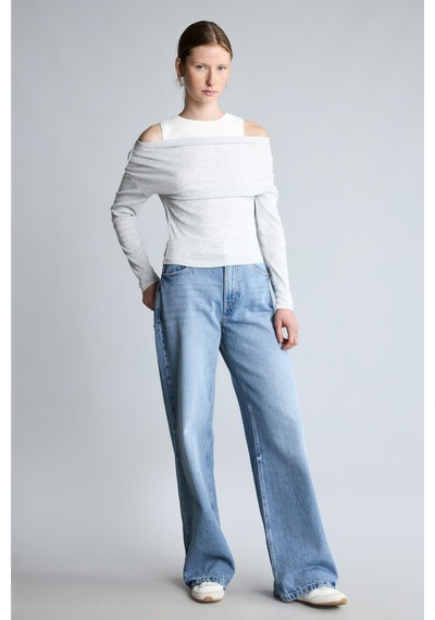 Defacto %100 Pamuk Slim Fit Tek Omuzlu Drape Detaylı Ribana Uzun Kollu Basic Tişört I2636ax26augr210 Gri-gr210
