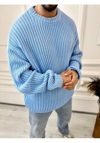 Elku Moda Oversize Kazak Bol Kesim Tüylenmeyen Salaş Triko Kazak Mavi