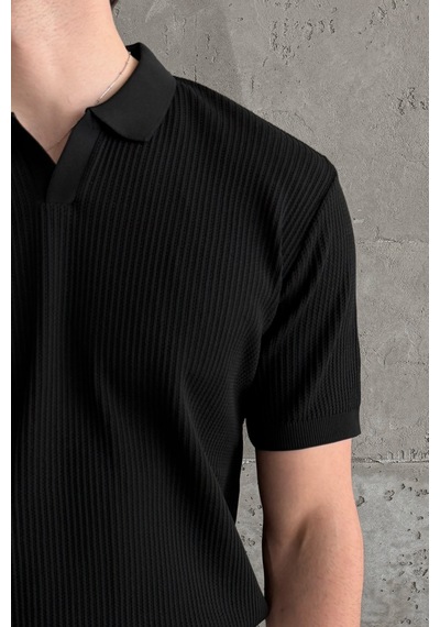 Erkek Petek Desen Polo Yaka Triko T-shirt Siyah
