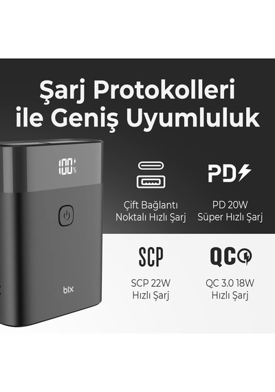 Pb20w 10000mah Type-c Ve Usb Çift Çıkışlı Dijital Ekranlı Mini Powerbank Siyah İphone Huawei Uyumlu