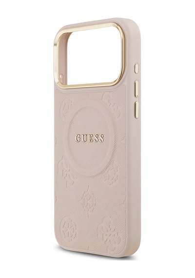 Apple Uyumlu iPhone 17 Pro Max Kılıf Guess Lisanslı M-safeli Sıcak Baskılı Yazı Logolu Pu Deri Peony Pembe Pembe