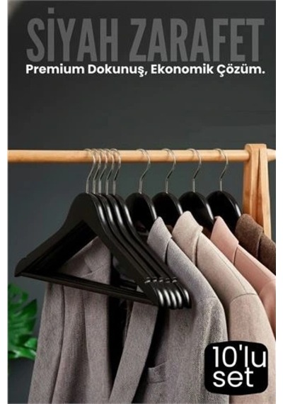 Znv Zenvia Mey İthalat 10'lu Lüks Siyah Elbise Ceket Askısı - Ergonomik & Kaymaz Plastik Askı Seti - Ahşap Gör Renkli