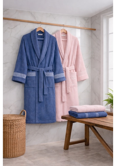 6 Parça Aile Bornoz Seti Yüksek Emici, Dayanıklı & Yumuşak Doku, %70 Pamuk %30 Polyester Mavi