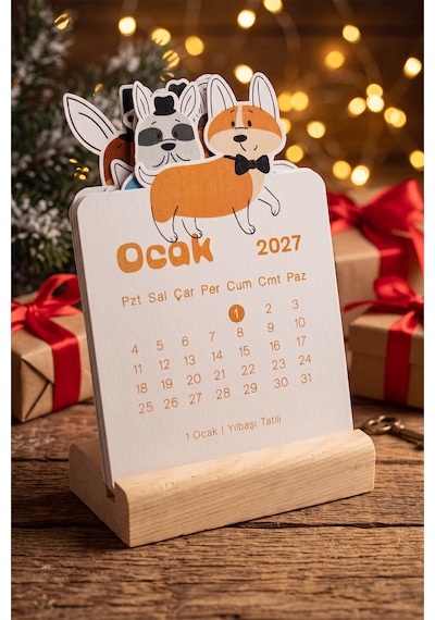 Ahşap Standlı Özel Kesim Papyonlu Corgi Tasarımlı 2027 Masaüstü Takvimi 8,5x12 Cm - Eğlenceli Yeni Yıl Hediyesi Çok Renkli