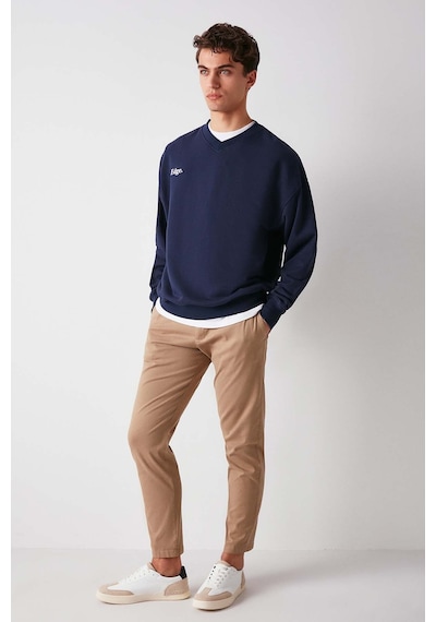 Grımelange Off Erkek Organik Pamuklu Yazı Nakış Detaylı V Yakalı Içi Polarsız Oversize Lacivert Sweatshirt