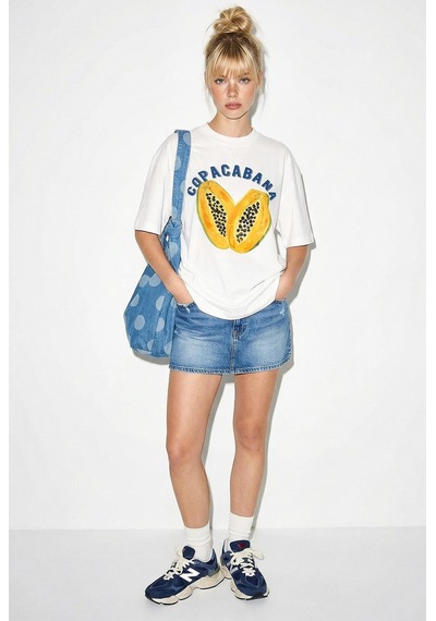 Shade Kadın Pamuk Bisiklet Yaka Papaya Baskılı Oversize T-shirt Öt261006 60286080 - Beyaz Standart