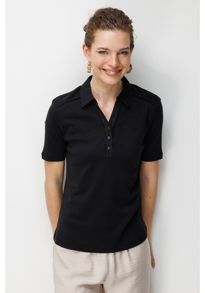 Kadın Polo Yaka İğne İşlemeli Pamuklu Penye T-shirt Siyah Siyah