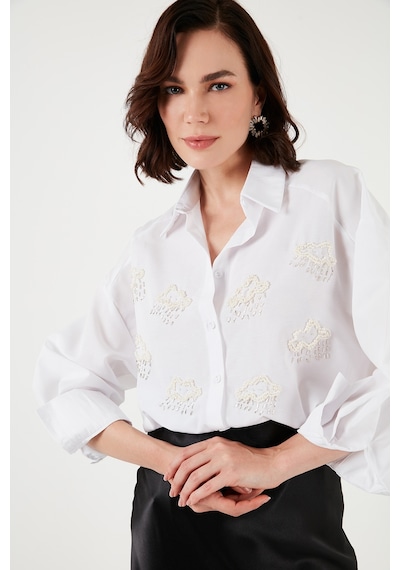 Lela Taş Detaylı Uzun Kollu Regular Fit Bayan Gömlek 611Go00418 Ekru