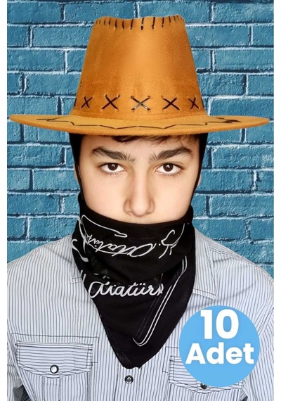Uniquetrenders Çocuk Unisex Bandanalı 10'lu Nubuk Kovboy Şapkası 8-14 Yaş Taba 6