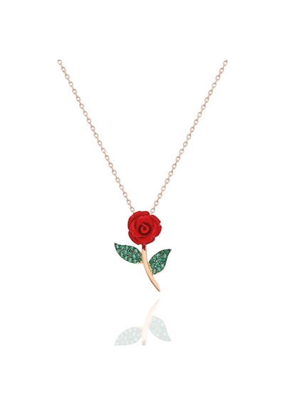 925 Ayar Gümüş Yeşil Yapraklı Kırmızı Gül Rose Zincirli Kadın Kolye Rose