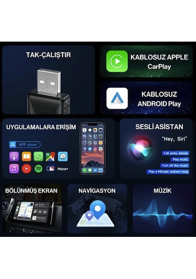 Kablosuz Carplay Adaptörü İphone & Android Uyumlu Bağlantı Kopmaz Yeni Nesil - 9014427374683 Diğer